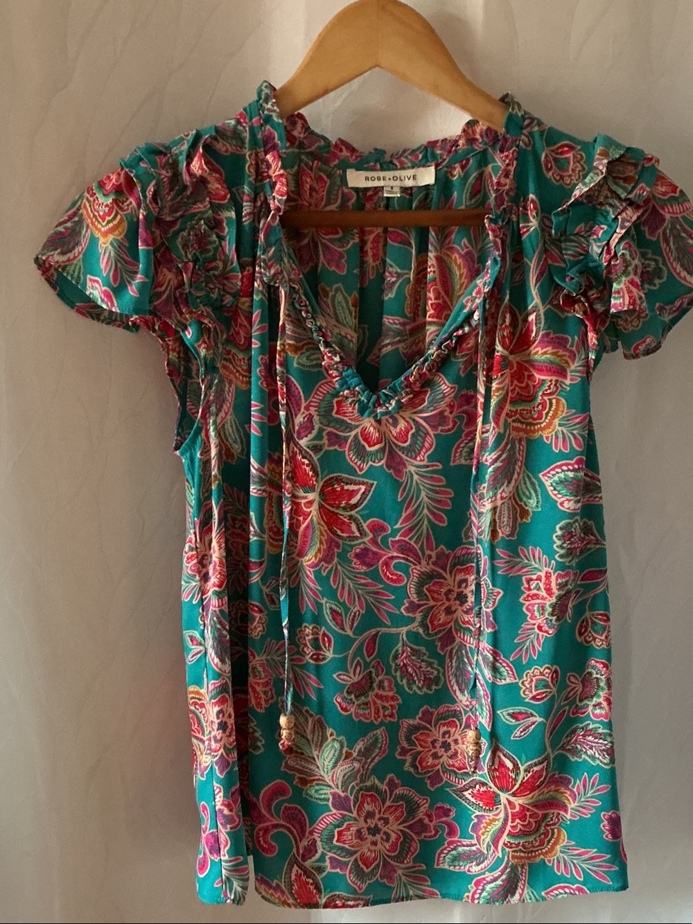 Rose & Olive Teal Floral Tie-Front Ruffle Blouse